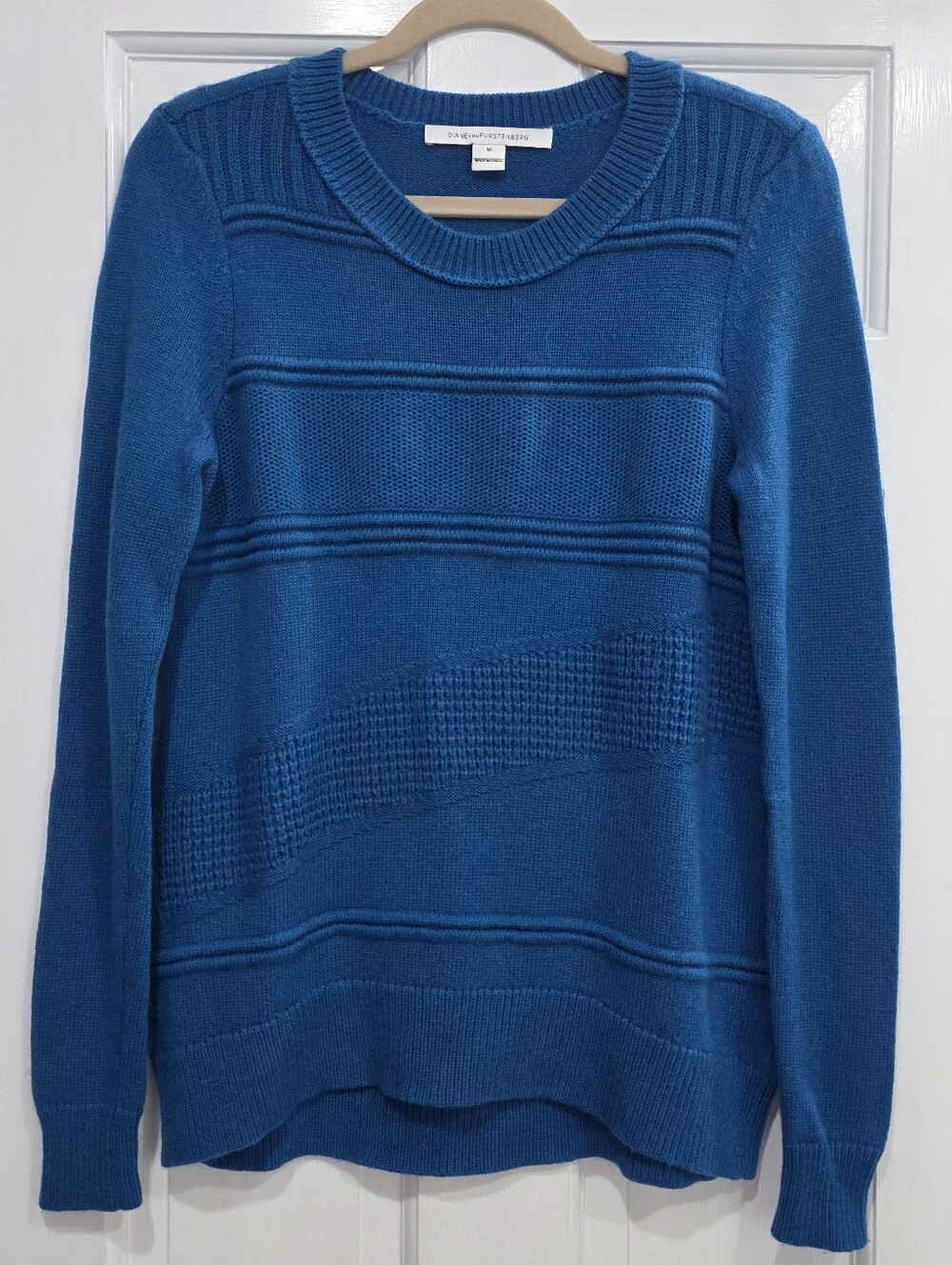 Diane Von Furstenberg Teal Rib & Texture Crewneck Sweater Wool Casmere Blend